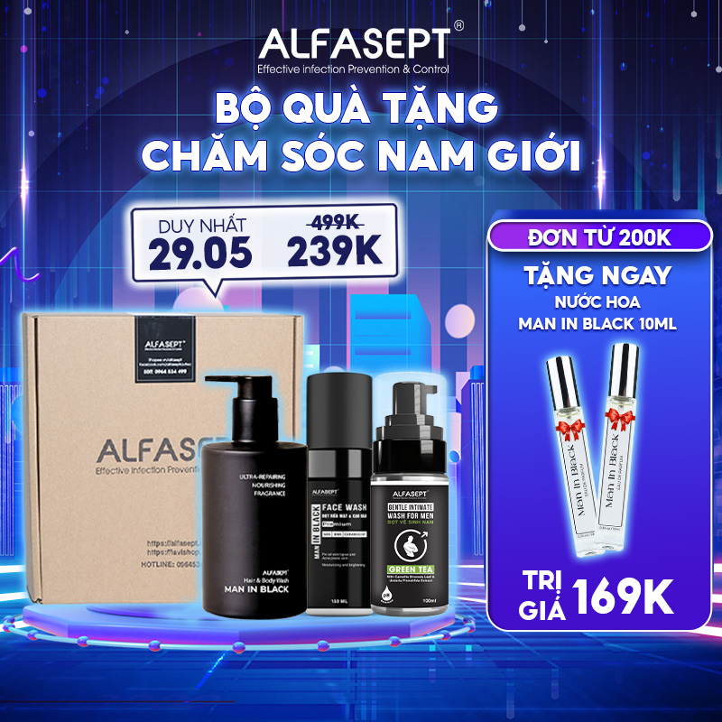 Bộ Quà Tặng Nam Giới "Coolboiz Hướng Nội" ALFASEPT Sữa Tắm Gội Hương Nước Hoa, Dung Dịch Vệ Sinh Nam và Bọt Rửa Mặt Nam