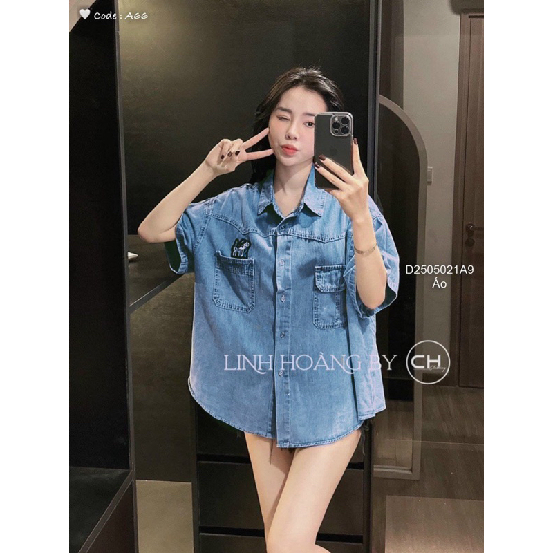 Áo sơ mi jeans tay ngắn phối chữ 2 túi cá tính VIENS STORE