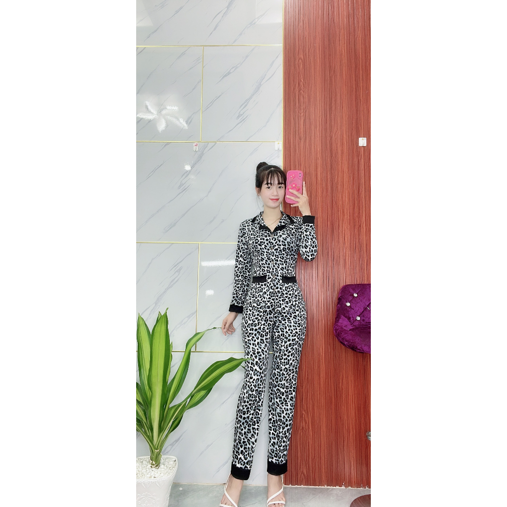 Pijama thun tay dài, áo gài nút có 2 túi áo thật, chất liệu thun co gian vải mềm mịn