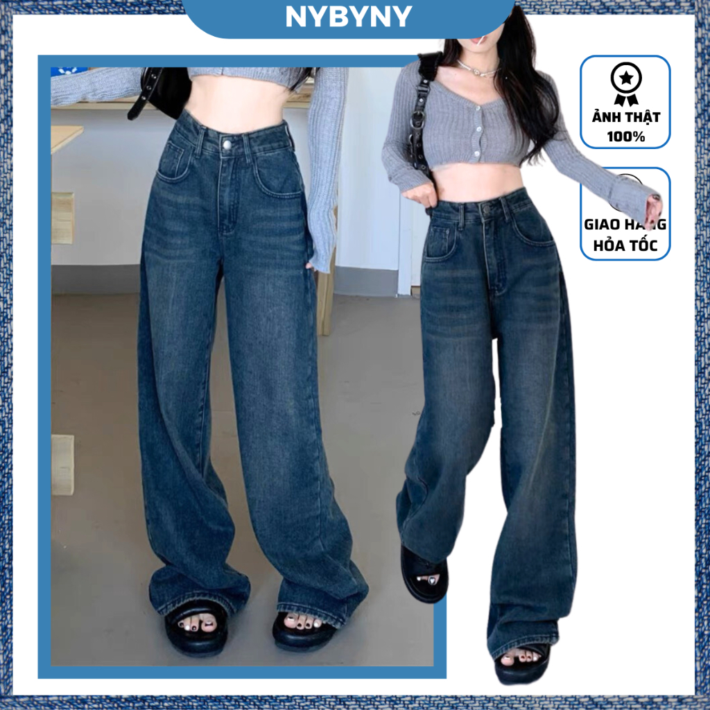 Quần jean nữ ống suông form rộng màu xanh đậm phong cách Hàn Quốc nybyny