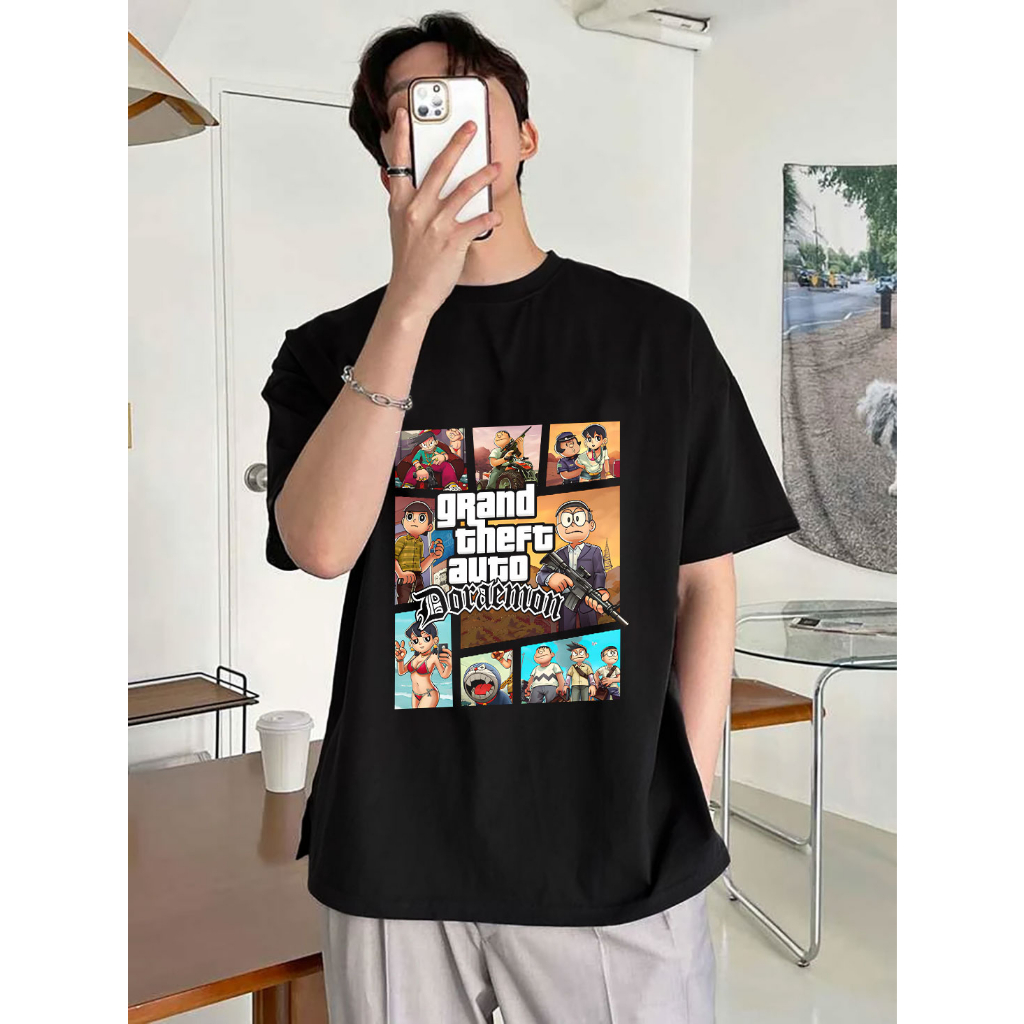 Áo Thun Unisex In Hình Doreamon Gta 5 Cực Ngầu Phong Cách Đường Phố Chất Vải Cotton Co Giãn Thoáng Mát