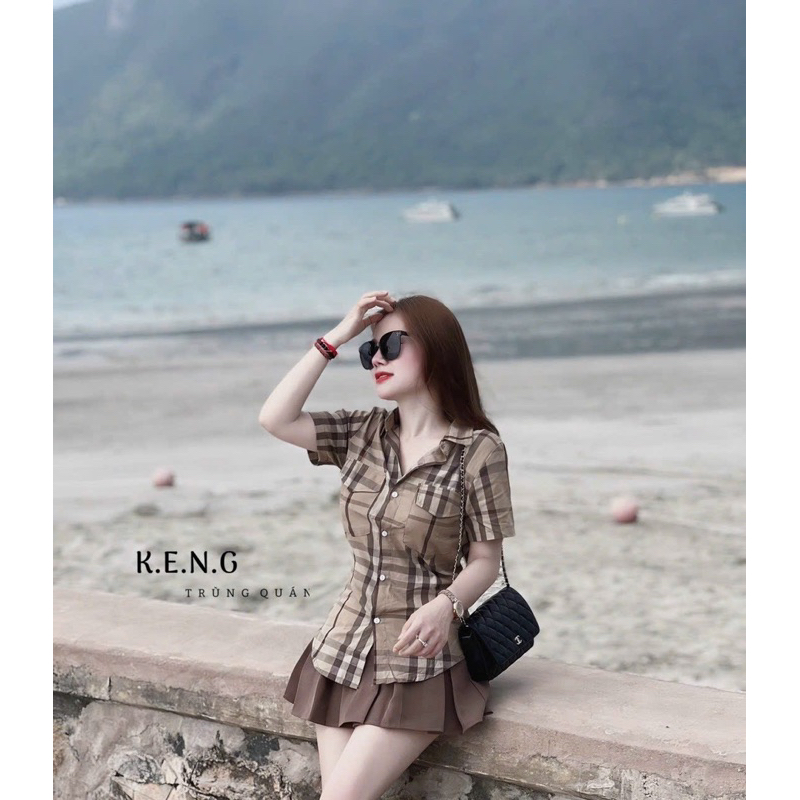 Set váy sơ mi nâu sọc kẻ hottrend vô tận siêu sáng da tôn eo , set sơ mi nữ kiểu sang chảnh phong cách năng động