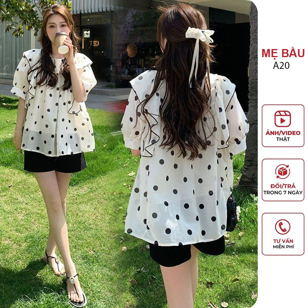 ÁO BẦU BAYDOLL CÔNG SỞ DÁNG SUÔNG CHẤM BI PHỐI BÈO CỰC SINH - ÁO BẦU MÙA HÈ MẶC TRƯỚC VÀ SAU SINH DỀU ĐẸP BIGSIZE