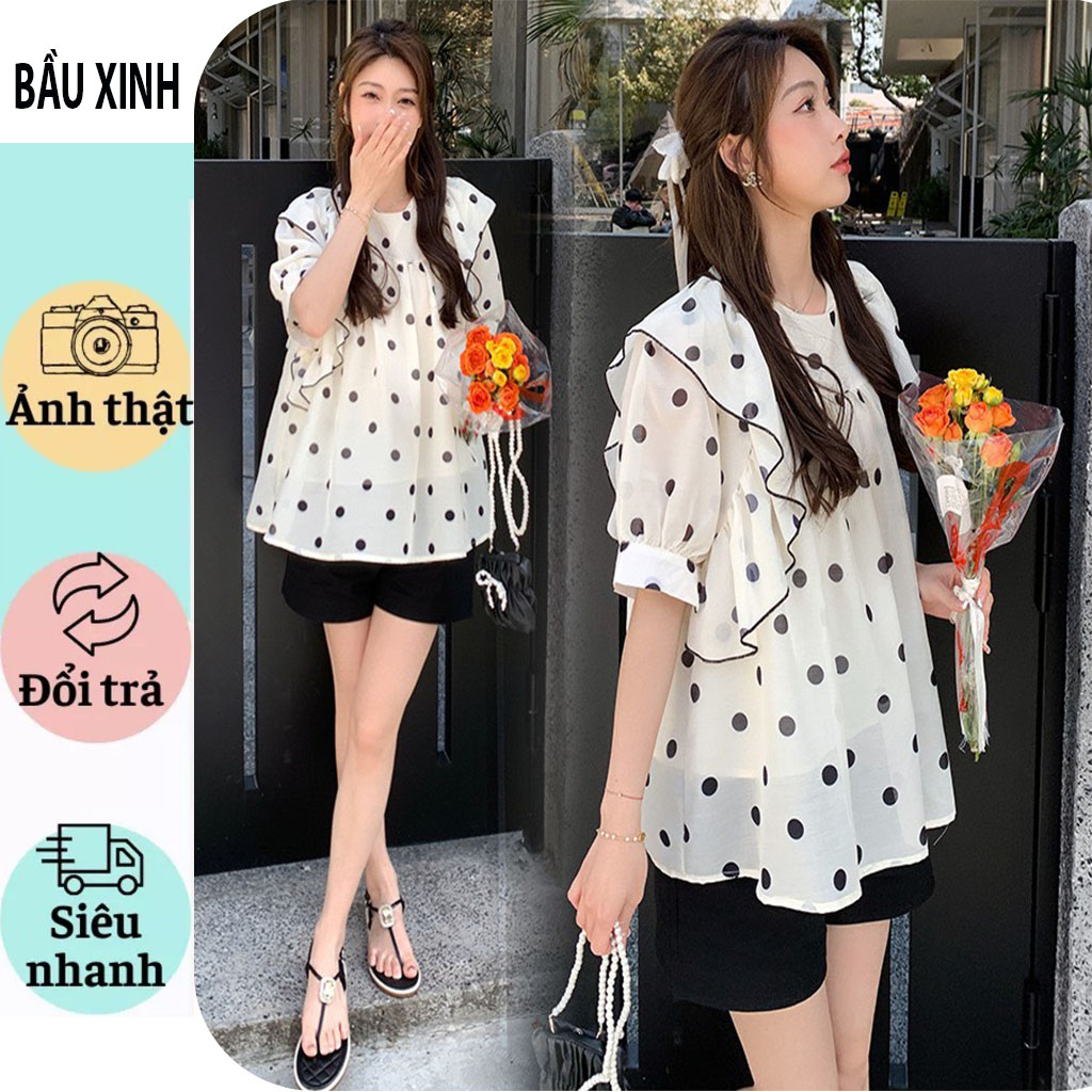 ÁO BẦU CÔNG SỞ DỰ TIỆC-ÁO BẦU VÀ SAU SINH BABAYDOLL CHẤM BI TAY BÁNH BÈO TIỂU THƯ SANG CHẢNH ĐI LÀM, CHƠI