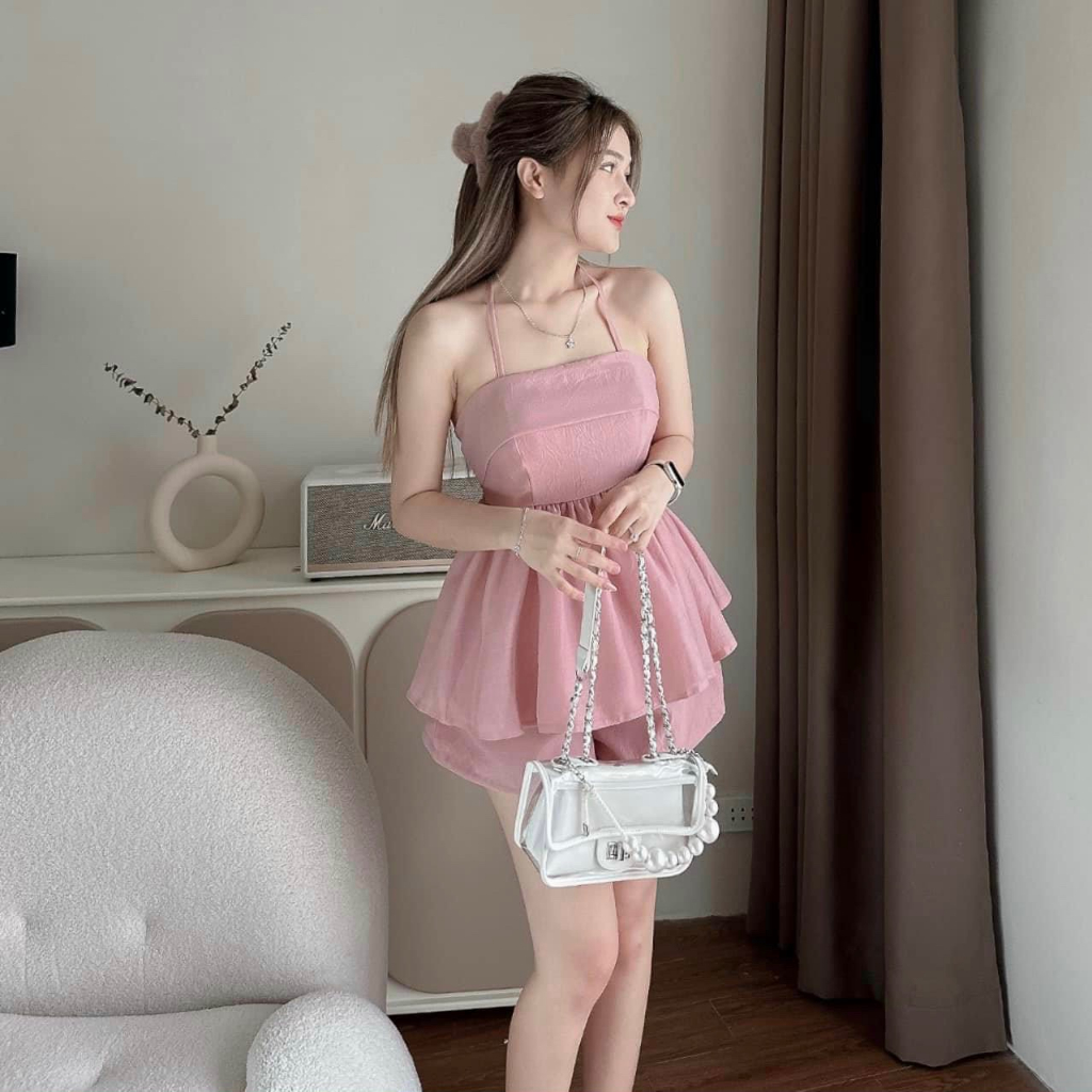 Set bộ đồ nữ siêu xinh áo 2 dây nhún bèo hở lưng cột nơ sau nhẹ nhàng duyên dáng ( có mút ngực )