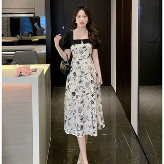 Đầm maxi nữ thiết kế cổ vuông tay phồng in họa tiết cực xinh