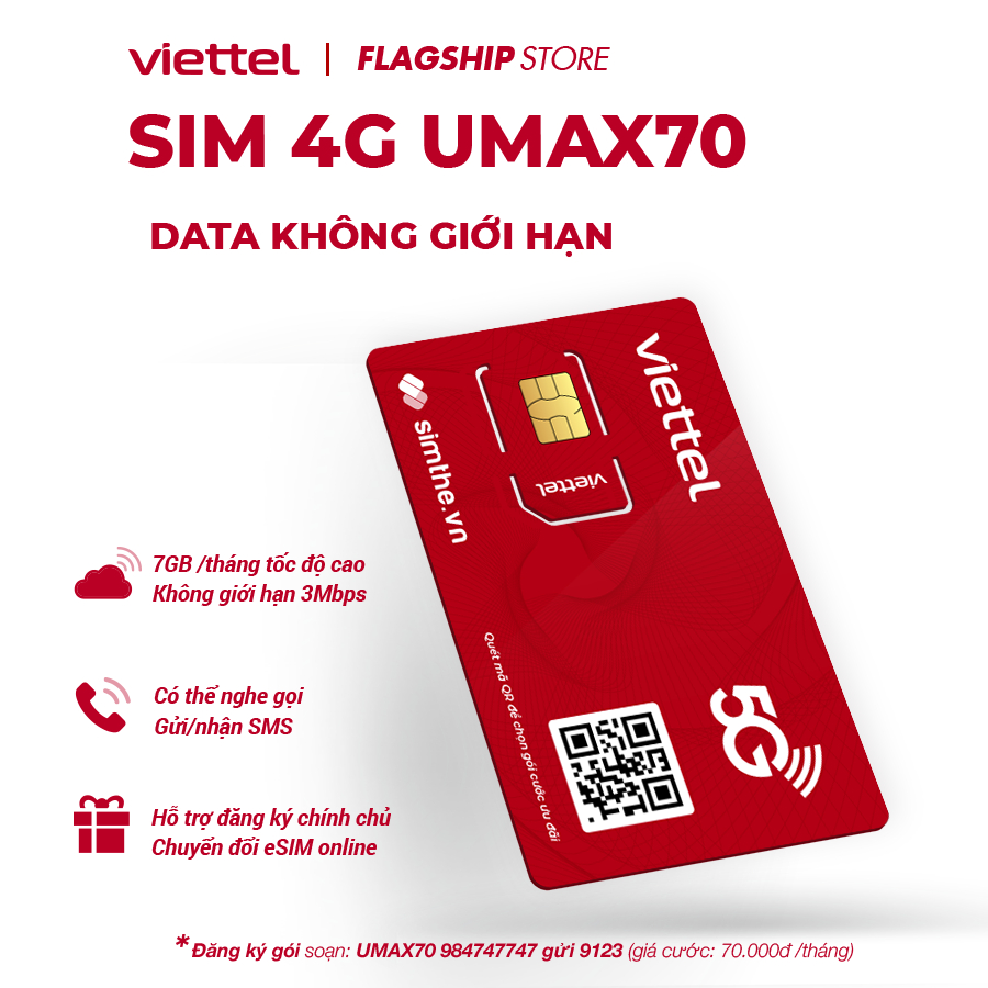 Sim Viettel 4G UMAX70 Data Không Giới Hạn, Max Băng Thông Chỉ 70k/Tháng. Dùng Trên Toàn Quốc - Chính Hãng