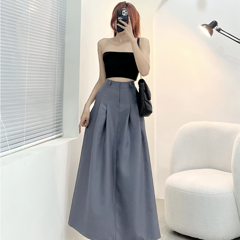 Chân váy chữ A suông dài Ulzzang Dory chân váy xếp ly chữ a dài trendy Hè 2023