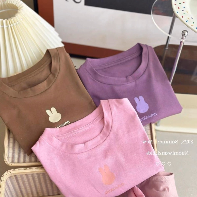 Bộ quần yếm denim mùa hè cho bé hoạ tiết thỏ dễ thương kèm áo thun cotton tay ngắn thời trang trẻ em