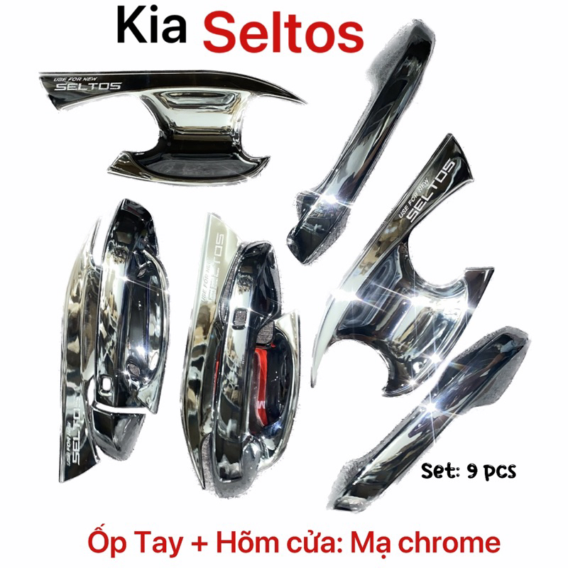 Ốp tay nắm cửa Ốp Chén cửa Kia Seltos Mạ Chrome Ốp hõm cửa nắp bình xăng dán phụ kiện trang trí xe hơi