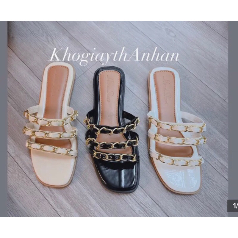 Dép bệt nữ quai ngang 3 dây phối xích cá tính có size lớn từ 35 đến 45  - TOMISHOES