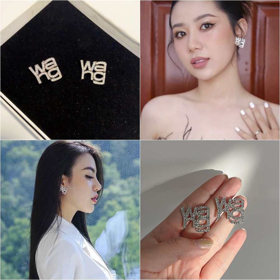 Khuyên tai chữ Wang sang chảnh đính đá WANG2