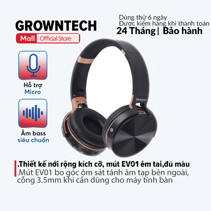 Tai nghe bluetooth chụp tai GROWNTECH - JB950 nghe nhạc không dây bass hỗ trợ cắm thẻ nhớ và cổng 3.5