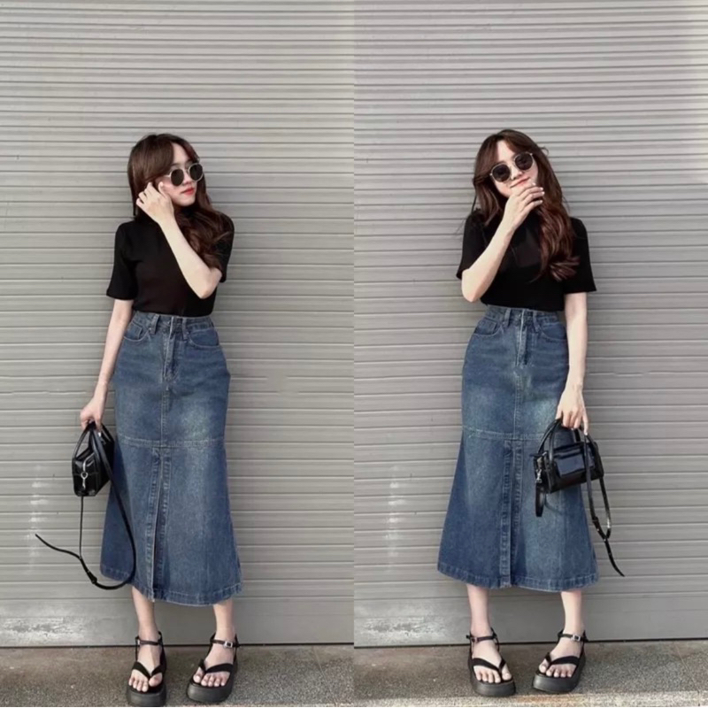 Chân váy jeans lưng cao xẻ tà trước dáng ôm