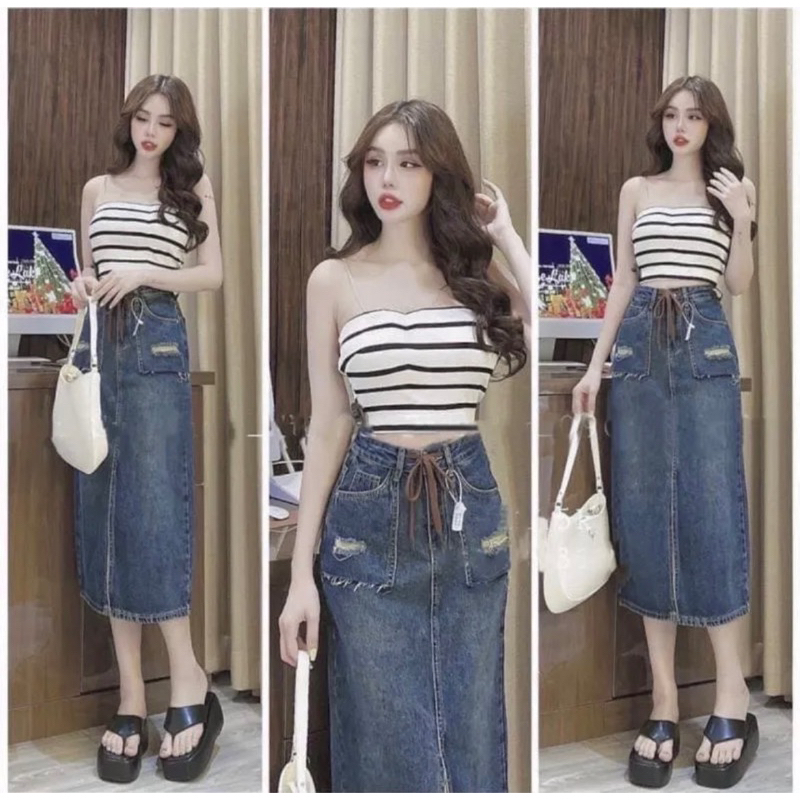 Chân váy jeans lưng cao xẻ tà trước dáng ôm