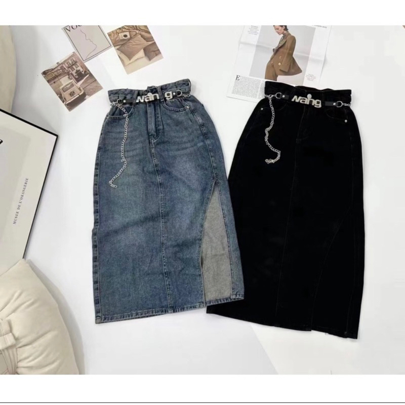 Chân váy jeans lưng cao xẻ tà trước dáng ôm
