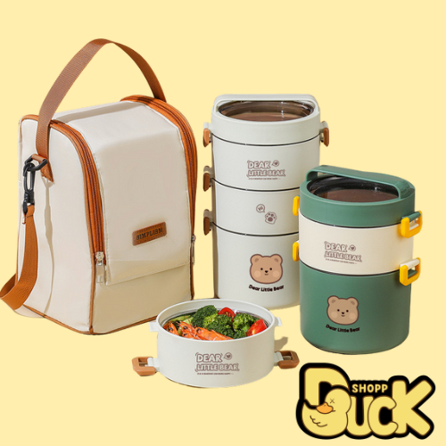 Cà Men, Hộp Cơm Cách Nhiệt Nhiều Tầng 1.7L Chất Liệu Inox 304 Hoạ Tiết Gấu DEAR LITTLE BEAR Kèm Túi Đựng