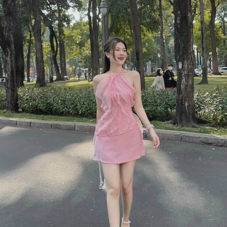 Set bộ đồ nữ áo voan 2 lớp cổ yếm phối bèo mix chân váy chữ A  xinh xắn dành cho các nàng diện đi chơi
