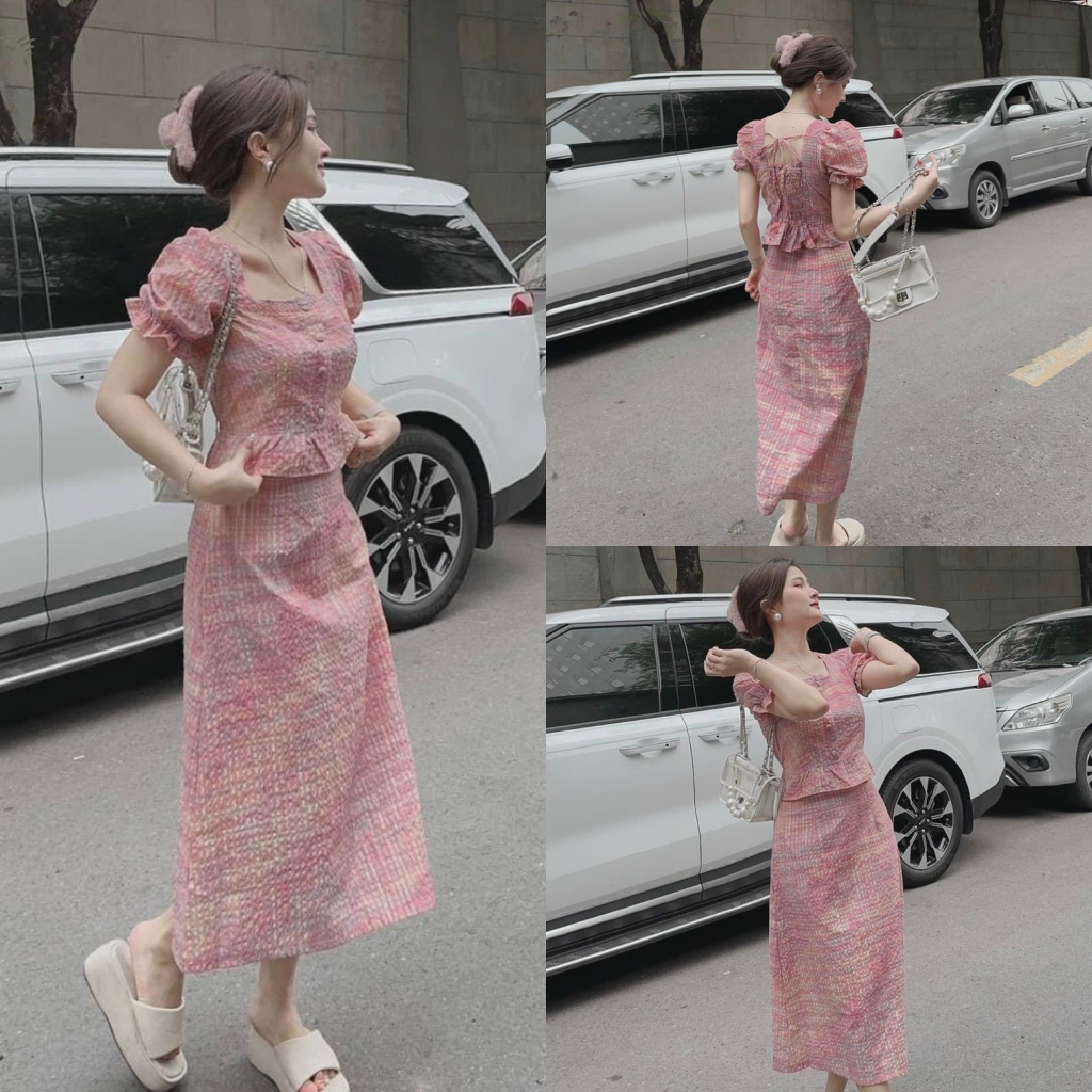 Set bộ đồ nữ áo đính nút cổ vuông tay phồng mix chân váy suông sang chảnh dành cho các nàng diện đi chơi