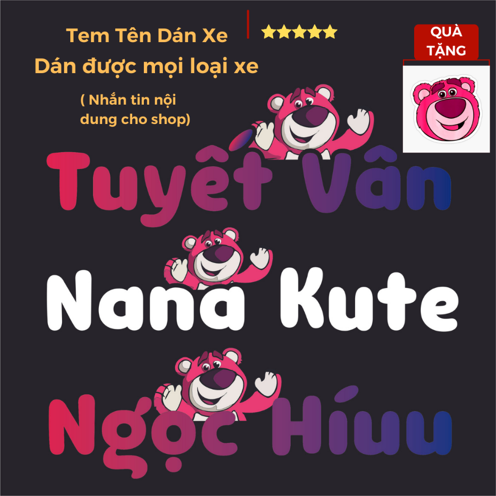Tem Tên Dán Xe hình Gấu Dâu LOTSO siêu hot. Tem tên theo yêu cầu