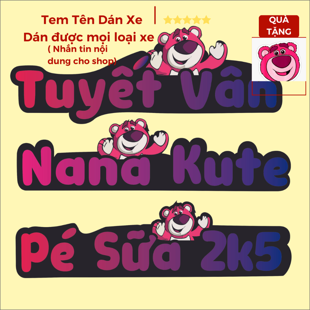 Tem Tên Dán Xe hình Gấu Dâu LOTSO siêu hot. Tem tên theo yêu cầu