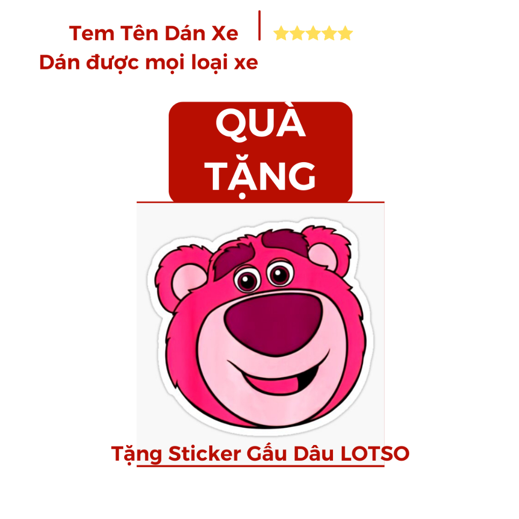 Tem Tên Dán Xe hình Gấu Dâu LOTSO siêu hot. Tem tên theo yêu cầu