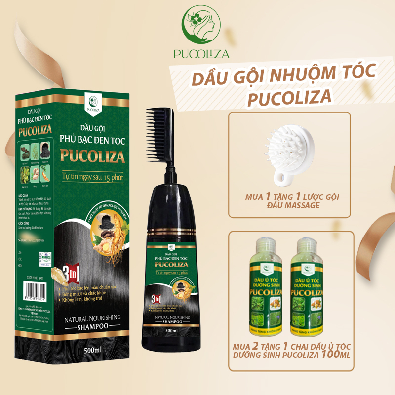 Dầu Gội Nhuộm Tóc Phủ Bạc PUCOLIZA Dầu Gội Nhuộm Đen Tóc Thảo Dược 500ML – Lược Nhuộm Tóc Thông Minh Gội Là Đen