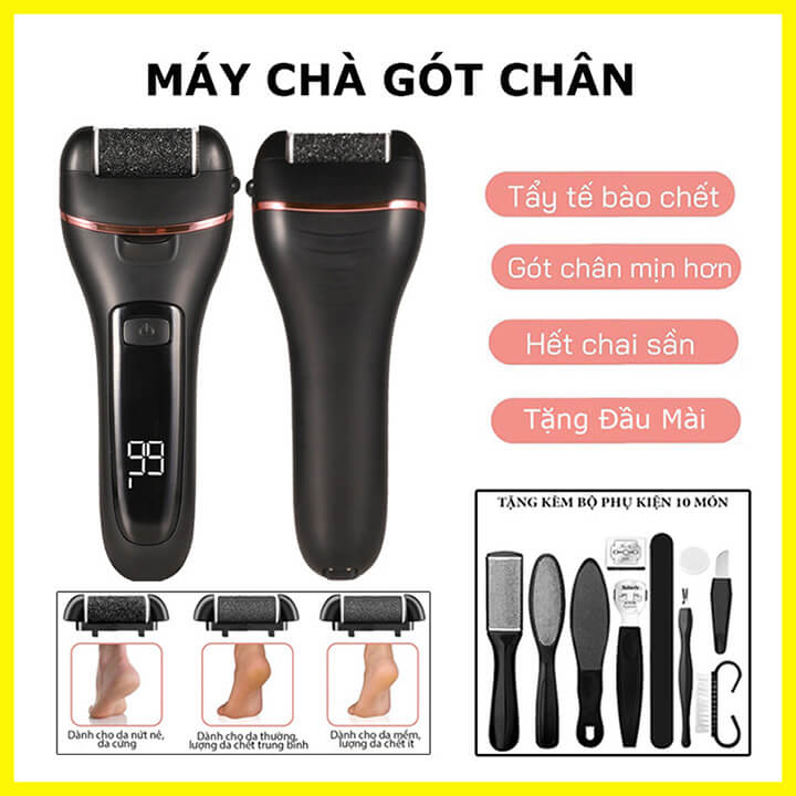  Máy Chà Gót Chân Tẩy Tế Bào Chết 3 Đầu Chà Máy mài gót chân 2 chế độ tặng kèm 10 phụ kiện chà gót chân 
