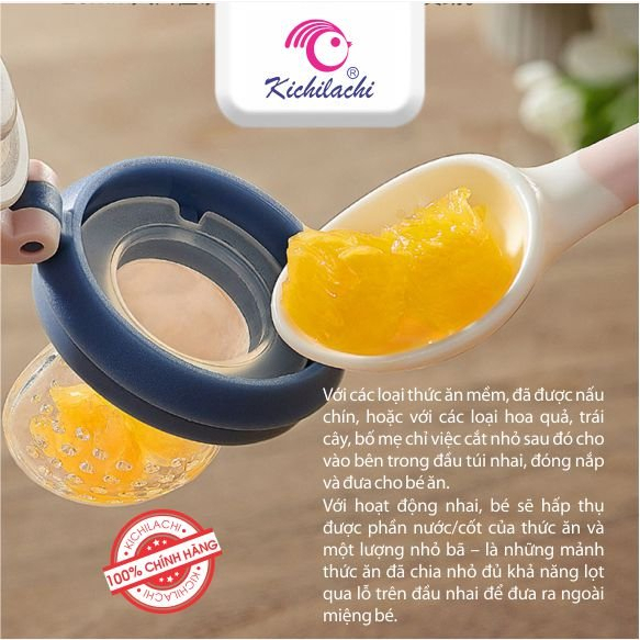 Túi nhai ăn dặm chống hóc Kichilachi hình con cá cho bé tập ăn hoa quả, núm nhai silicon