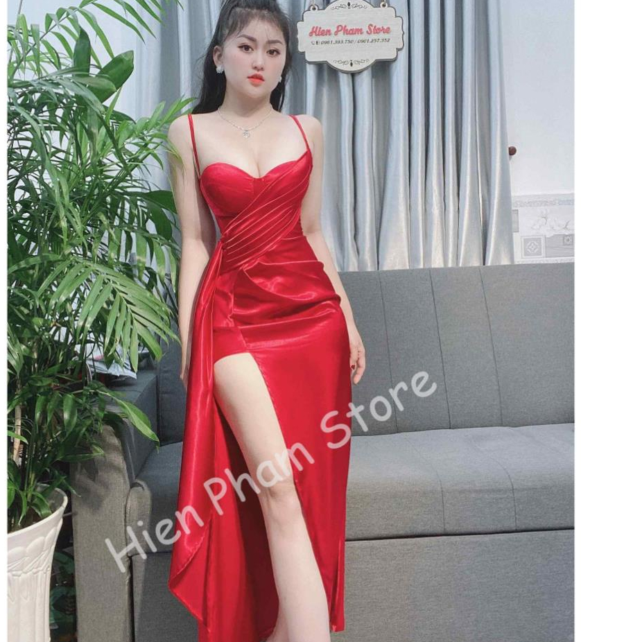Đầm Lụa 2 dây xẻ tà dáng dài, nhúng eo quyến rũ, code 7585