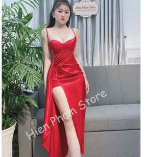 Đầm Lụa 2 dây xẻ tà dáng dài, nhúng eo quyến rũ, code 7585