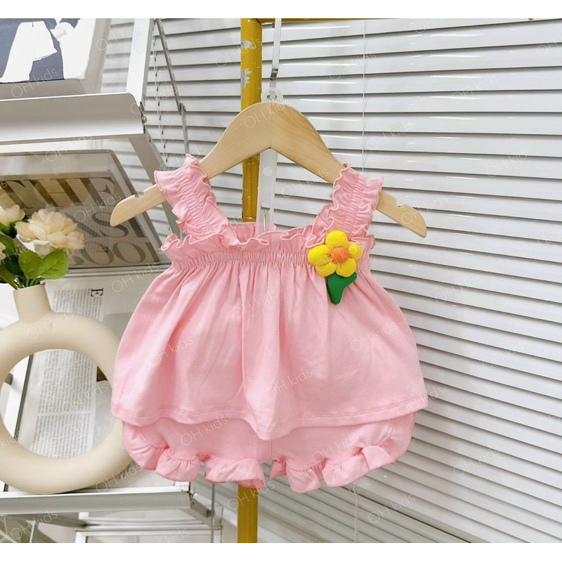 Bộ 2 dây bản to nhún hoa Cotton cho bé gái
