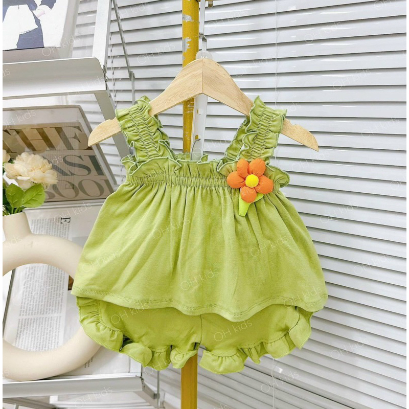 Bộ 2 dây bản to nhún hoa Cotton cho bé gái