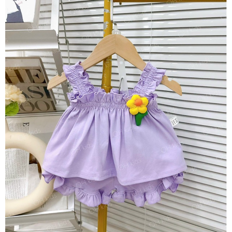 Bộ 2 dây bản to nhún hoa Cotton cho bé gái