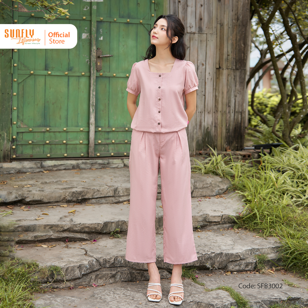 Bộ Đồ Nữ Linen SUNFLY Áo Cộc Quần Dài Culottes Trẻ Trung, Ngọt Ngào SFB3002