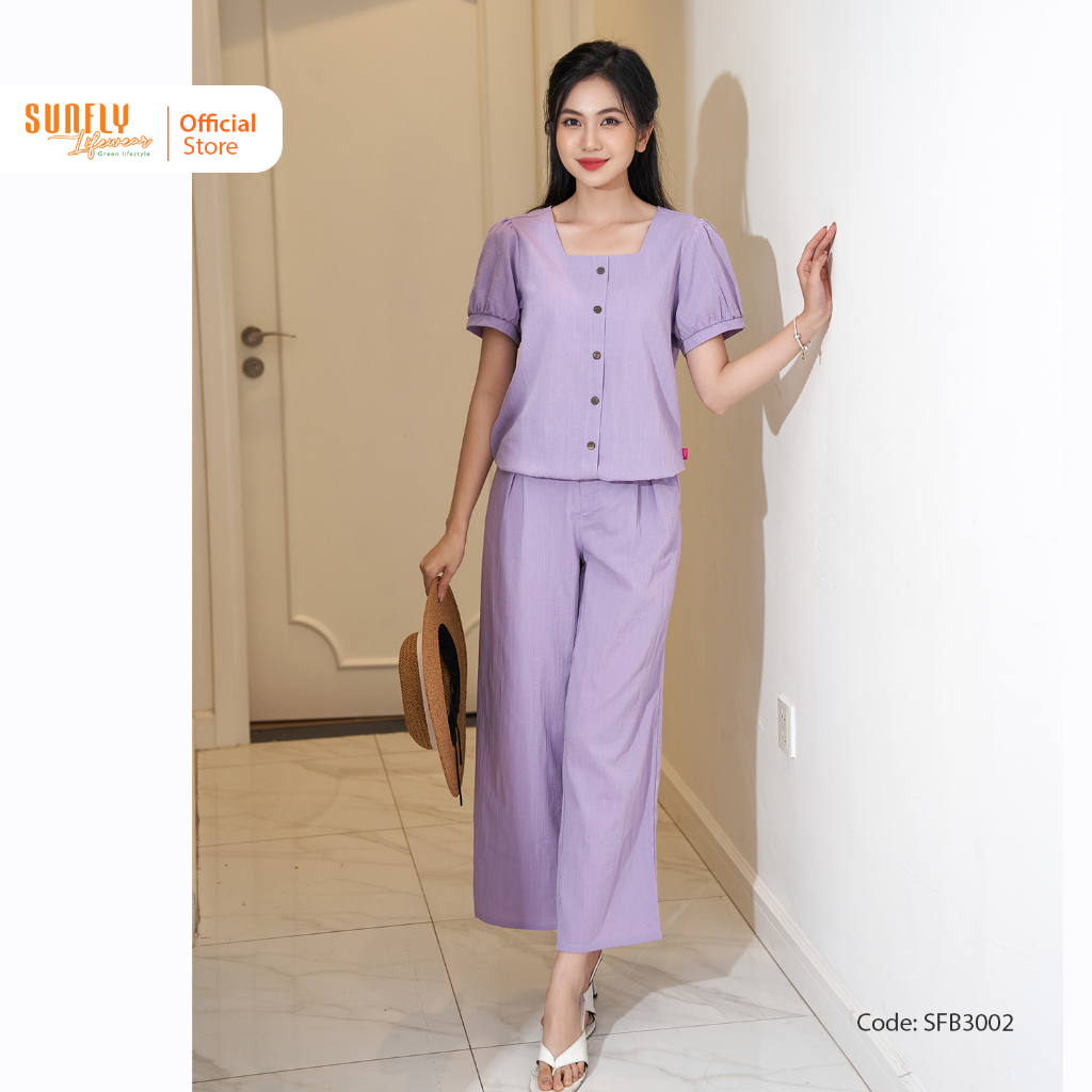 Bộ Đồ Nữ Linen SUNFLY Áo Cộc Quần Dài Culottes Trẻ Trung, Ngọt Ngào SFB3002