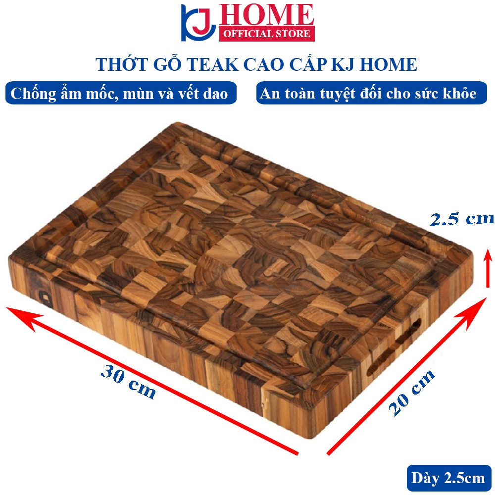 Thớt Gỗ Teak Thương Hiệu KJ - An Toàn Thực Phẩm Hình Chữ Nhật, Kích Thước 30cm x 20cm x 2,5cm