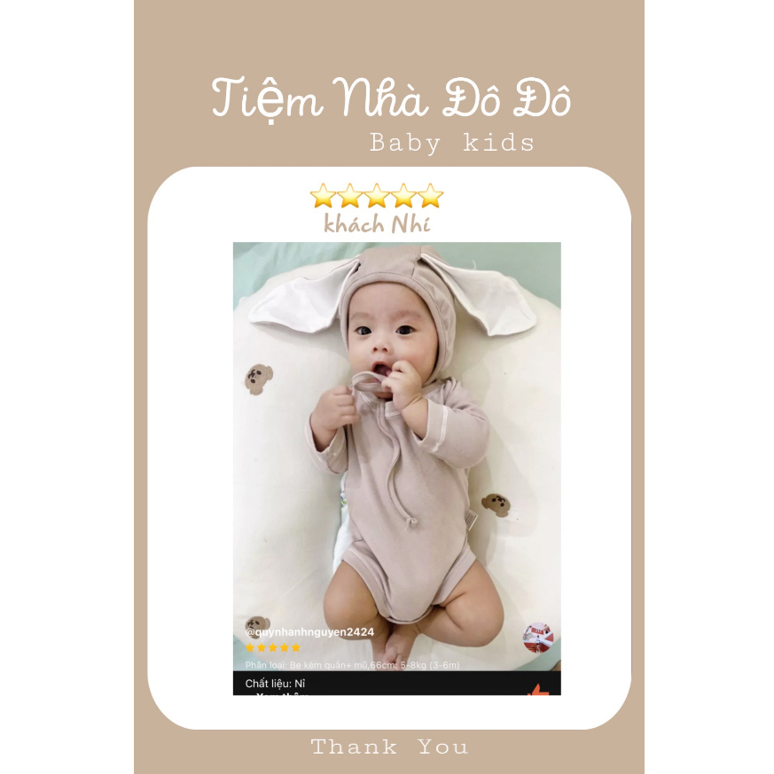 Bộ body suit body chip cho bé trai bé gái tai thỏ 3 chi tiết giữ nhiệt ấm mùa thu đông