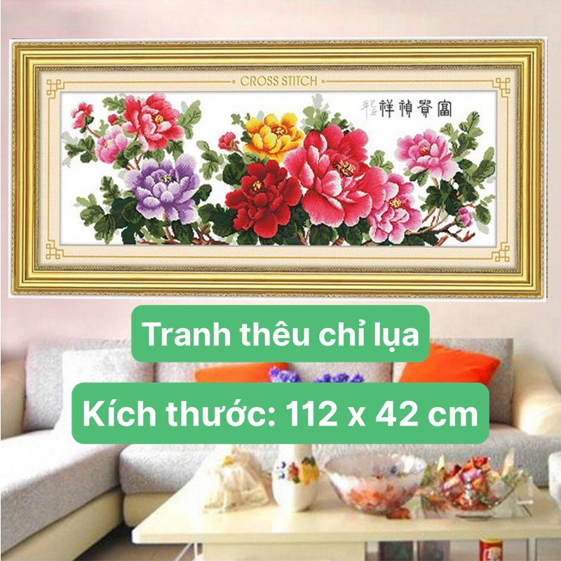 (chỉ lụa) Tranh thêu chữ thập chỉ lụa hoa mẫu đơn 1271, kích thước 110 x 39 cm