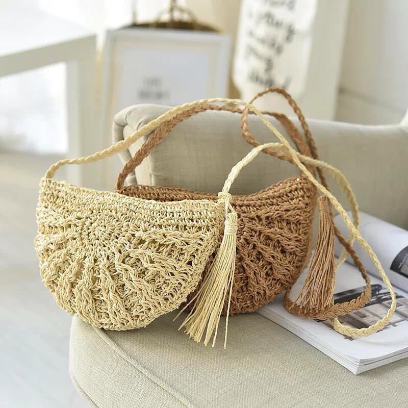 Túi cói đi biển du lịch hình bán nguyệt phong cách vintage siêu nhẹ nhàng dễ thương