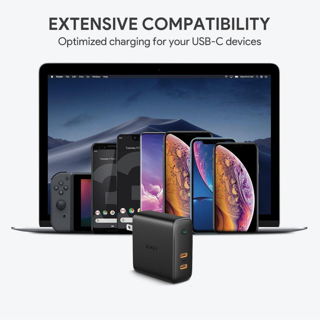 Sạc siêu nhanh 2 cổng AUKEY PA-D5 Omnia Duo 63W GaN Hổ trợ công nghệ PD/QC 3.0 Laptop, di động - Hàng Chính Hãng