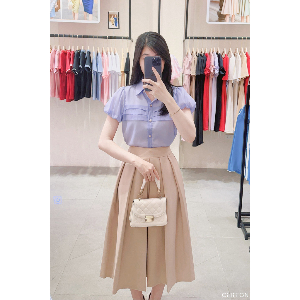 Áo sơ mi nữ tơ ly ngang tay bồng Chiffon
