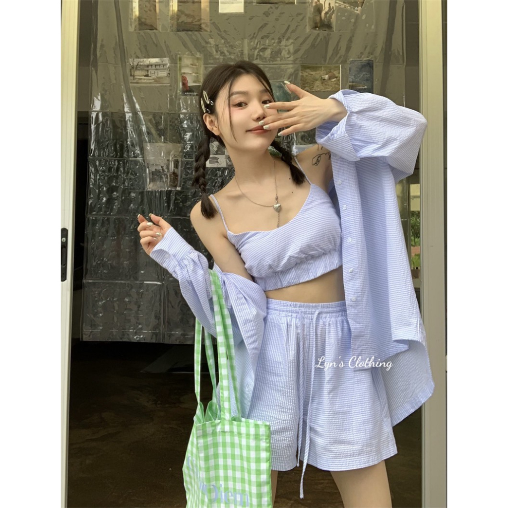 Set Áo Sơ Mi 3 Món Croptop Mix Áo 2 Dây Kèm Quần Sooc Phong Cách Hàn Quốc Dành Cho Nữ