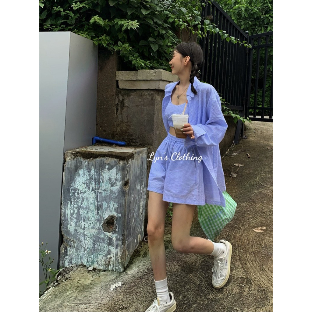 Set Áo Sơ Mi 3 Món Croptop Mix Áo 2 Dây Kèm Quần Sooc Phong Cách Hàn Quốc Dành Cho Nữ