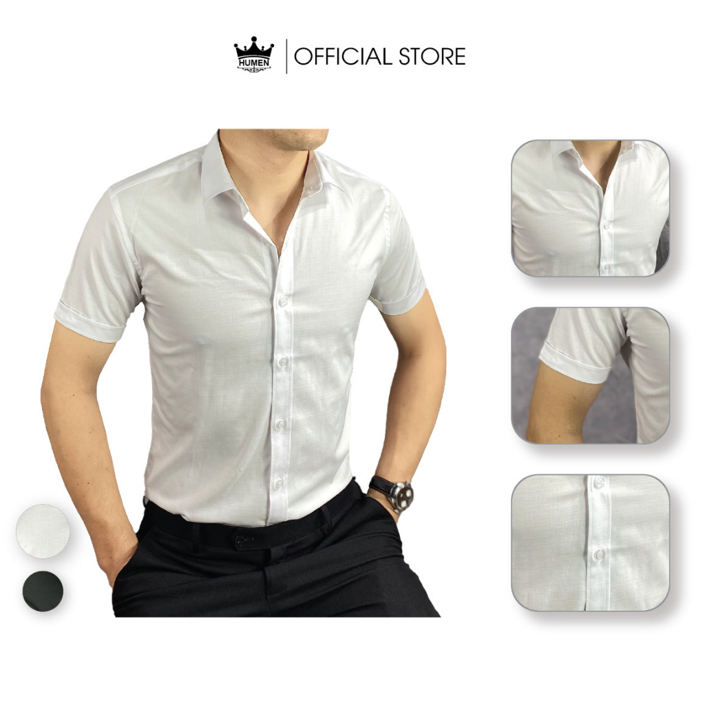 Áo sơ mi nam Humen cộc tay ngắn tay chất liệu sợi tre mềm mại thoáng khí không nhàu chống nhăn màu đen trắng chuẩn form | BigBuy360 - bigbuy360.vn