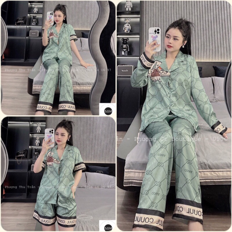 Đồ bộ Pyjama nữ hoạ tiết ô xanh lụa gấm xước Sam cao cấp