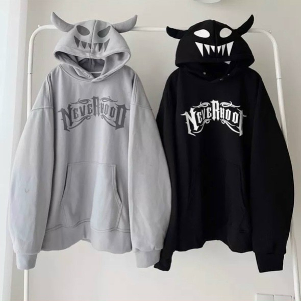 Áo Hoodie Sừng Trâu , In Chữ - Áo Khoác Nỉ Có Nón Mũ 2 Lớp -Form Rộng Unisex Hàn Quốc Cặp Đôi Nam Nữ - Thu Đông