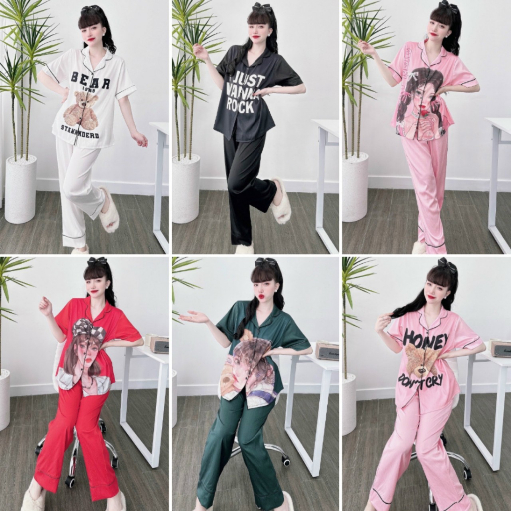 Đồ Bộ Cô Gái Tay Ngắn Quần Dài Lụa Xước Ánh Kim Cao Cấp Bigsize 50-100kg - Đồ Ngủ Pijama