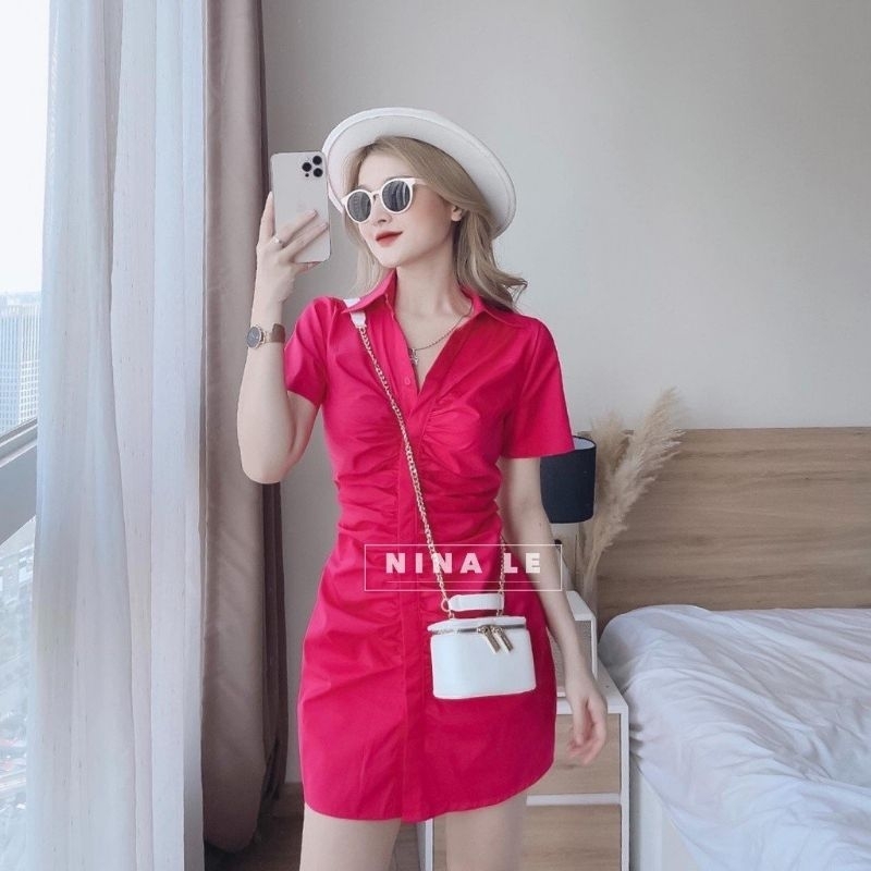 Đầm sơ mi tay ngắn party phối nút xếp ly màu sắc (Xanh, Trắng, Cam, Hồng) siêu xinh giúp nàng nổi đi chơi, đi biển 135