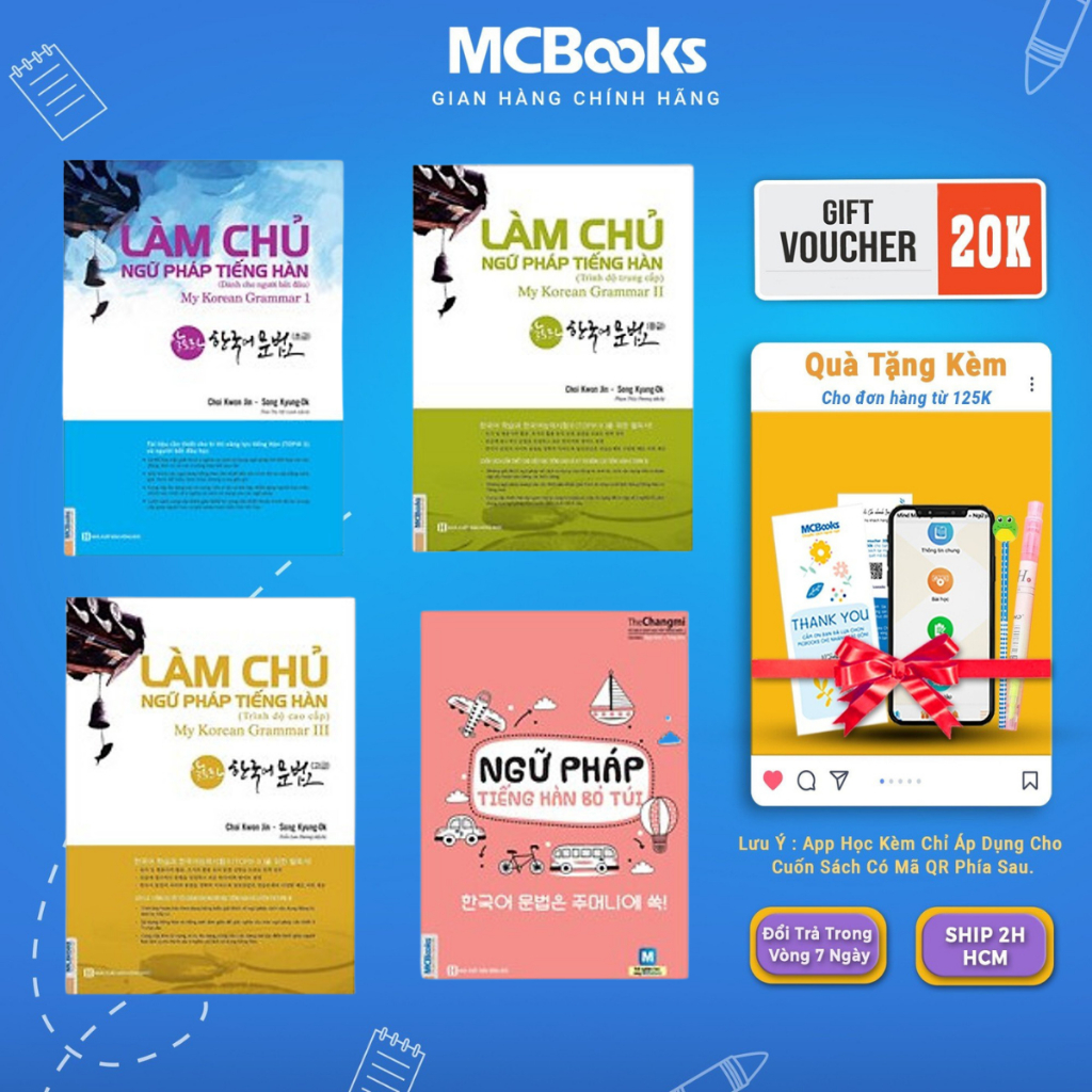 Sách - Combo Làm Chủ Ngữ Pháp Tiếng Hàn (sơ cấp + trung cấp + cao cấp) và Ngữ pháp tiếng Hàn bỏ túi ( Dùng App ) Mcbooks